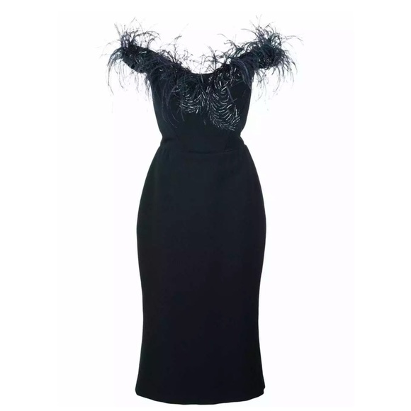 MARCHESA Navy Ostrich Feather Off Shoulder Dress 8 - Picture 6 of 12